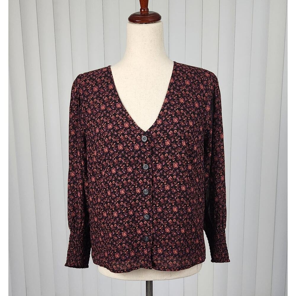 Madewell (Re)Sourced Georgette Smocked-Cuff Button-Front Top Orchard Floral Sz 8